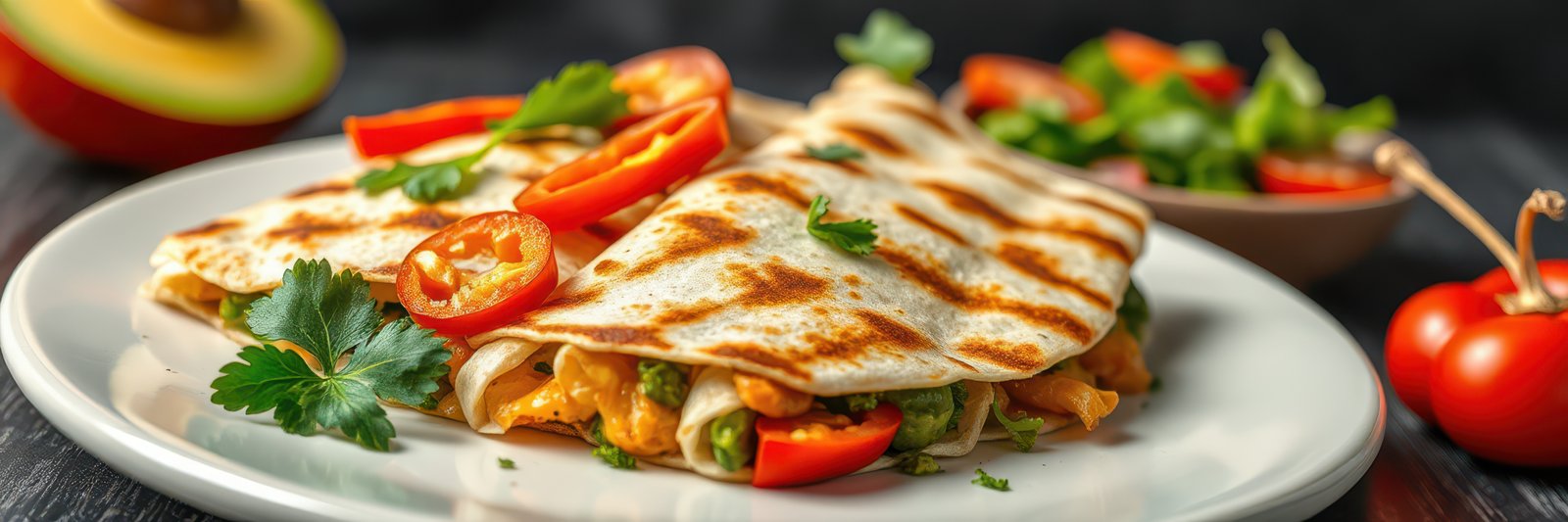Delicious grilled quesadillas served with fresh vegetables and avocado on a dark wooden table